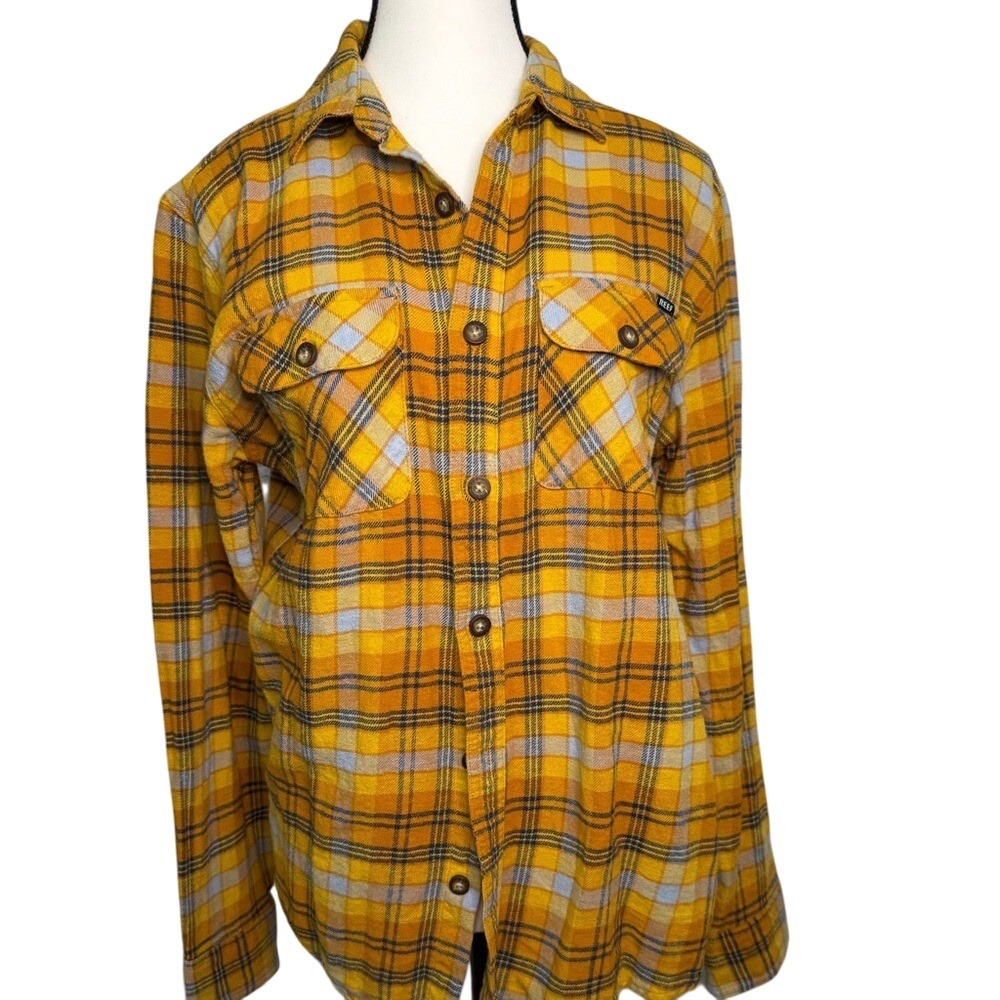 Reef Kosma Yellow Orange Flannel Plaid Long sleeve Shirt Size SMALL